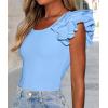 imagePRETTYGARDEN Womens Ruffle Short Sleeve Shirts 2025 Summer Casual Basic Tee Cute Fitted Crew Neck Fashion Tops ClothesLight Blue