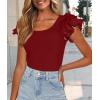 imagePRETTYGARDEN Womens Ruffle Short Sleeve Shirts 2025 Summer Casual Basic Tee Cute Fitted Crew Neck Fashion Tops ClothesRust Red