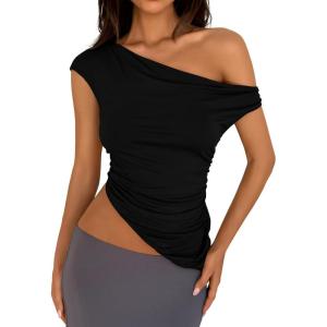 imagePRETTYGARDEN Womens 2025 Summer Off The Shoulder Crop Tops Sleeveless One Shoulder Ruched Asymmetrical Y2K Going Out Tank TopBlack