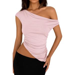 imagePRETTYGARDEN Womens 2025 Summer Off The Shoulder Crop Tops Sleeveless One Shoulder Ruched Asymmetrical Y2K Going Out Tank TopLight Pink