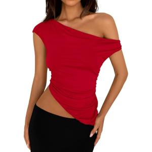 imagePRETTYGARDEN Womens 2025 Summer Off The Shoulder Crop Tops Sleeveless One Shoulder Ruched Asymmetrical Y2K Going Out Tank TopRed