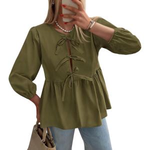 imagePRETTYGARDEN Womens Babydoll Tops 2025 Spring Trendy 34 Length Puff Sleeve Bow Tie Front Cute Peplum Blouses ShirtsArmy Green