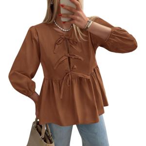 imagePRETTYGARDEN Womens Babydoll Tops 2025 Spring Trendy 34 Length Puff Sleeve Bow Tie Front Cute Peplum Blouses ShirtsBrown
