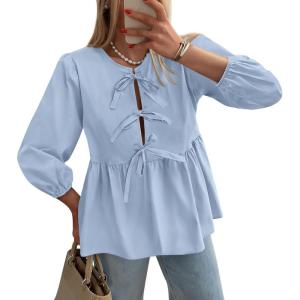 imagePRETTYGARDEN Womens Babydoll Tops 2025 Spring Trendy 34 Length Puff Sleeve Bow Tie Front Cute Peplum Blouses ShirtsLight Blue