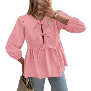 imagePRETTYGARDEN Womens Babydoll Tops 2025 Spring Trendy 34 Length Puff Sleeve Bow Tie Front Cute Peplum Blouses ShirtsPink