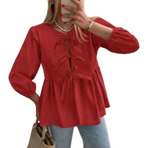 imagePRETTYGARDEN Womens Babydoll Tops 2025 Spring Trendy 34 Length Puff Sleeve Bow Tie Front Cute Peplum Blouses ShirtsRed