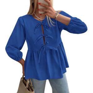 imagePRETTYGARDEN Womens Babydoll Tops 2025 Spring Trendy 34 Length Puff Sleeve Bow Tie Front Cute Peplum Blouses ShirtsRoyal Blue