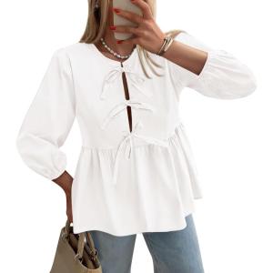 imagePRETTYGARDEN Womens Babydoll Tops 2025 Spring Trendy 34 Length Puff Sleeve Bow Tie Front Cute Peplum Blouses ShirtsWhite