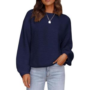 imagePRETTYGARDEN Womens Fall Sweaters 2025 Casual Loose Crewneck Ribbed Long Sleeve Top Knit Pullover SweaterDark Blue