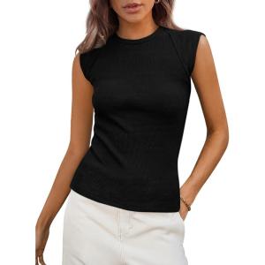 imagePRETTYGARDEN Womens Ribbed Tank Tops Trendy Casual Summer 2025 Cap Sleeve Slim Fitted Knit Basic Tee Shirts BlouseBlack