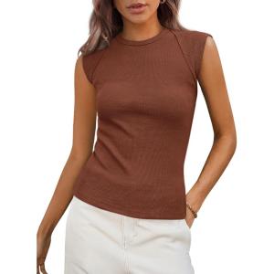imagePRETTYGARDEN Womens Ribbed Tank Tops Trendy Casual Summer 2025 Cap Sleeve Slim Fitted Knit Basic Tee Shirts BlouseBrown