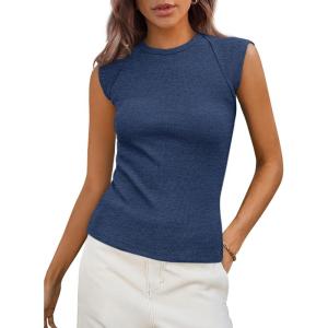 imagePRETTYGARDEN Womens Ribbed Tank Tops Trendy Casual Summer 2025 Cap Sleeve Slim Fitted Knit Basic Tee Shirts BlouseGrey Blue