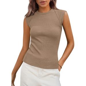 imagePRETTYGARDEN Womens Ribbed Tank Tops Trendy Casual Summer 2025 Cap Sleeve Slim Fitted Knit Basic Tee Shirts BlouseKhaki