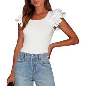imagePRETTYGARDEN Womens Ruffle Short Sleeve Shirts 2025 Summer Casual Basic Tee Cute Fitted Crew Neck Fashion Tops ClothesBeige White