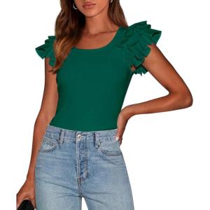 imagePRETTYGARDEN Womens Ruffle Short Sleeve Shirts 2025 Summer Casual Basic Tee Cute Fitted Crew Neck Fashion Tops ClothesDark Green