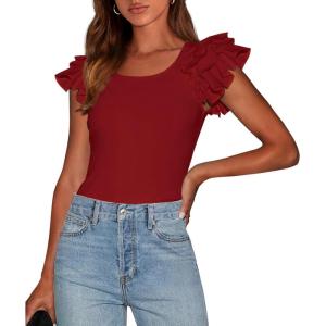 imagePRETTYGARDEN Womens Ruffle Short Sleeve Shirts 2025 Summer Casual Basic Tee Cute Fitted Crew Neck Fashion Tops ClothesRust Red
