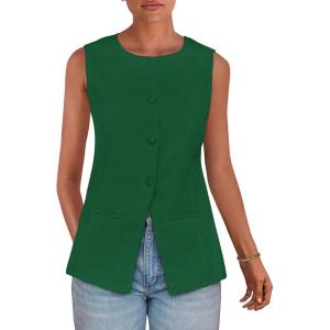 imagePRETTYGARDEN Womens Summer Suit Vest Tops 2025 Dressy Business Casual Sleeveless Button Down Trendy Fashion Blazer WaistcoatGreen