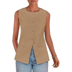 imagePRETTYGARDEN Womens Summer Suit Vest Tops 2025 Dressy Business Casual Sleeveless Button Down Trendy Fashion Blazer WaistcoatLight Khaki