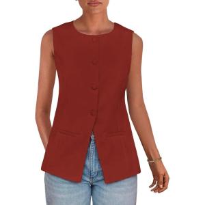 imagePRETTYGARDEN Womens Summer Suit Vest Tops 2025 Dressy Business Casual Sleeveless Button Down Trendy Fashion Blazer WaistcoatOrange Red
