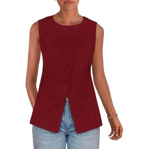 imagePRETTYGARDEN Womens Summer Suit Vest Tops 2025 Dressy Business Casual Sleeveless Button Down Trendy Fashion Blazer WaistcoatRed