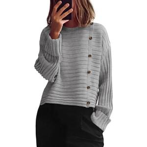 imagePRETTYGARDEN Womens Sweaters Fall 2025 Casual Long Sleeve Crewneck Button Loose Winter Knit Pullover Sweater TopsLight Grey