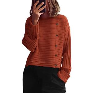imagePRETTYGARDEN Womens Sweaters Fall 2025 Casual Long Sleeve Crewneck Button Loose Winter Knit Pullover Sweater TopsRust Red