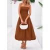imagePRETTYGARDEN Womens 2025 Summer Strapless Tube Midi Dress Smocked A Line Bubble Long Flowy Casual Elegant Party DressesBrown