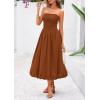 imagePRETTYGARDEN Womens 2025 Summer Strapless Tube Midi Dress Smocked A Line Bubble Long Flowy Casual Elegant Party DressesBrown