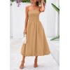 imagePRETTYGARDEN Womens 2025 Summer Strapless Tube Midi Dress Smocked A Line Bubble Long Flowy Casual Elegant Party DressesKhaki