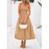 imagePRETTYGARDEN Womens 2025 Summer Strapless Tube Midi Dress Smocked A Line Bubble Long Flowy Casual Elegant Party DressesKhaki
