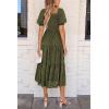 imagePRETTYGARDEN Womens Summer Casual Midi Dresses Square Neck Short Sleeve Smocked A Line Floral Flowy Elegant Boho DressArmy Green