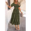 imagePRETTYGARDEN Womens Summer Casual Midi Dresses Square Neck Short Sleeve Smocked A Line Floral Flowy Elegant Boho DressArmy Green