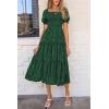imagePRETTYGARDEN Womens Summer Casual Midi Dresses Square Neck Short Sleeve Smocked A Line Floral Flowy Elegant Boho DressDark Green