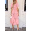 imagePRETTYGARDEN Womens Summer Casual Midi Dresses Square Neck Short Sleeve Smocked A Line Floral Flowy Elegant Boho DressPink
