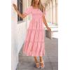 imagePRETTYGARDEN Womens Summer Casual Midi Dresses Square Neck Short Sleeve Smocked A Line Floral Flowy Elegant Boho DressPink