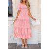 imagePRETTYGARDEN Womens Summer Casual Midi Dresses Square Neck Short Sleeve Smocked A Line Floral Flowy Elegant Boho DressPink