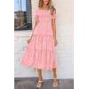 imagePRETTYGARDEN Womens Summer Casual Midi Dresses Square Neck Short Sleeve Smocked A Line Floral Flowy Elegant Boho DressPink