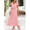imagePRETTYGARDEN Womens Summer Maxi Dresses 2025 Trendy Casual Button V Neck Ruffle Cap Sleeve Long Flowy Pleated DressPink