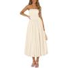 imagePRETTYGARDEN Womens 2025 Summer Strapless Tube Midi Dress Smocked A Line Bubble Long Flowy Casual Elegant Party DressesBeige