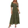 imagePRETTYGARDEN Womens Summer Casual Midi Dresses Square Neck Short Sleeve Smocked A Line Floral Flowy Elegant Boho DressArmy Green