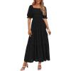 imagePRETTYGARDEN Womens Summer Casual Midi Dresses Square Neck Short Sleeve Smocked A Line Floral Flowy Elegant Boho DressBlack