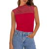 imagePRETTYGARDEN Womens Summer Sheer Mesh Tank Tops 2025 Trendy Casual Sleeveless Mock Neck Ruched Slim Fitted Going Out ShirtsRed