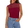 imagePRETTYGARDEN Womens Summer Sheer Mesh Tank Tops 2025 Trendy Casual Sleeveless Mock Neck Ruched Slim Fitted Going Out ShirtsWine Red