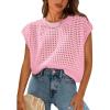 imagePRETTYGARDEN Womens Summer Tops 2025 Spring Sweater Pullover Crochet Hollow Out Cap Sleeve Crew Neck Knit Beach Cover UpsPink