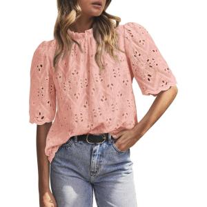 imagePRETTYGARDEN Summer Tops for Women 2025 Trendy Short Sleeve Eyelet Embroidered Dressy Casual Blouse ShirtsPink