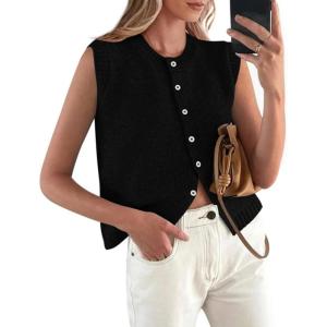 imagePRETTYGARDEN Sweater Vest Women Summer Tank Tops 2025 Sleeveless Button Down Trendy Clothes Business Casual Knit OutfitsBlack