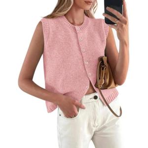 imagePRETTYGARDEN Sweater Vest Women Summer Tank Tops 2025 Sleeveless Button Down Trendy Clothes Business Casual Knit OutfitsPink