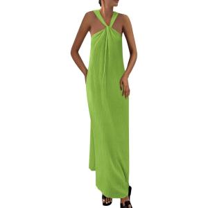 imagePRETTYGARDEN Womens 2025 Casual Long Summer Dresses Sleeveless Strappy Loose Flowy Beach Vacation Maxi Dress with PocketsGreen