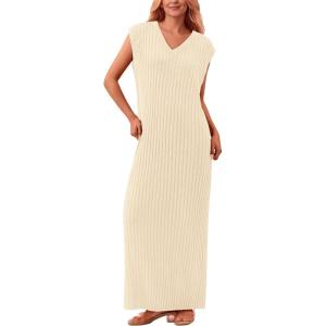 imagePRETTYGARDEN Womens 2025 Summer Casual Maxi Dresses Ribbed Knit Sleeveless V Neck 2 Piece Outfits with Slip Under DressApricot