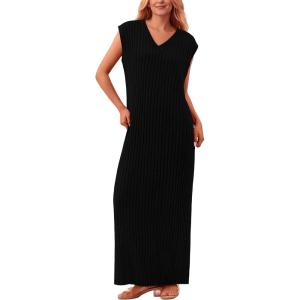imagePRETTYGARDEN Womens 2025 Summer Casual Maxi Dresses Ribbed Knit Sleeveless V Neck 2 Piece Outfits with Slip Under DressBlack